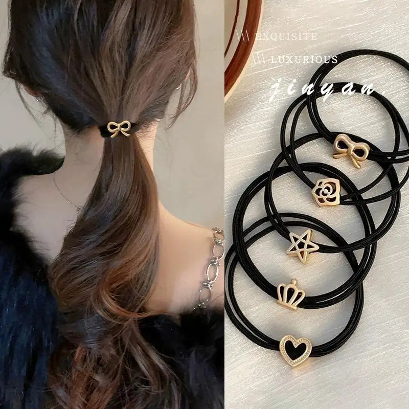 Alloy Charm Elastic Hair Ties 5/10 Pcs – Heart Flower Pentagram Elastic Hair Ties Axl