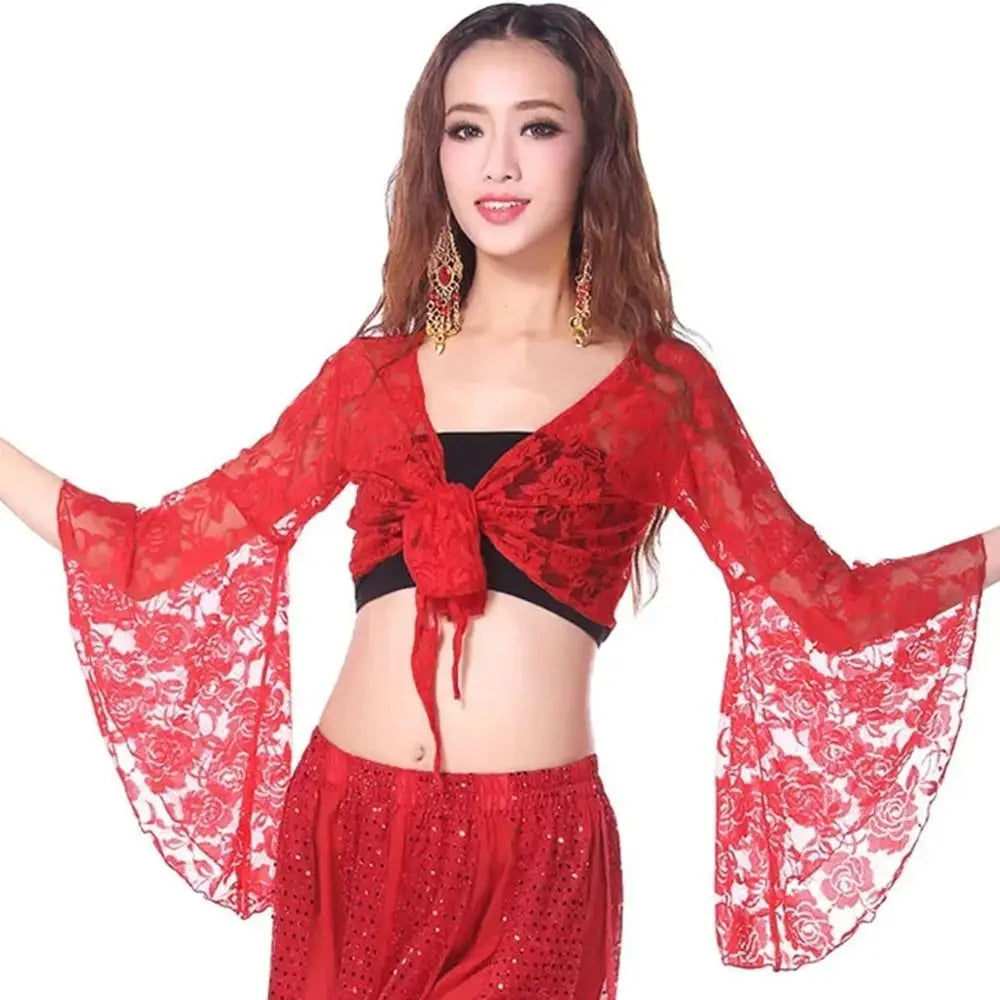 Women's Belly Dance Lace Shrug – Long Sleeve Cardigan Cover Up Dance Lace Shrug Axl Red