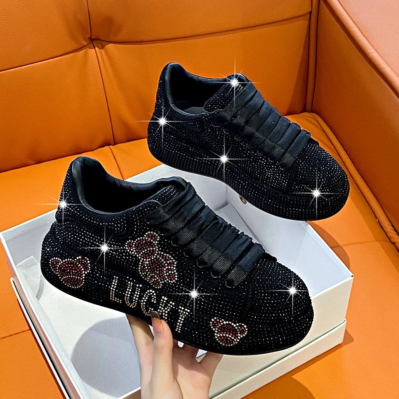 Women's Rhinestone Platform Sneakers – Glam Lace-Up Trainers Platform Sneakers Axl Red 41