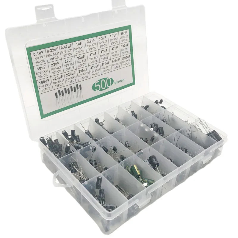 500pcs Electrolytic Capacitor Kit – 24 Values 0.1uF–1000uF DIP Capacitor Assortment Kit Axl