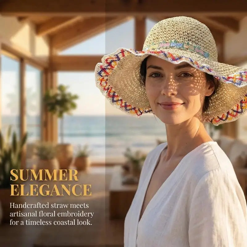 Women's Large Brim Straw Hat – Floral Bow Summer Beach Hat Wide Brim Straw Hat Axl
