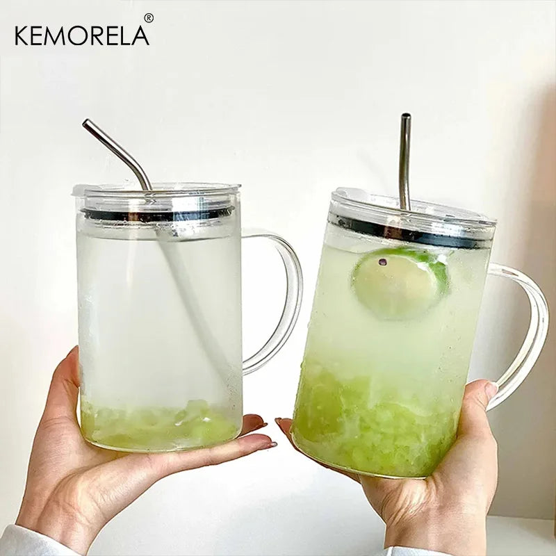KEMORELA Large Glass Cup with Lid & Straw – Heat-Resistant Glass Drinkware Set Axl