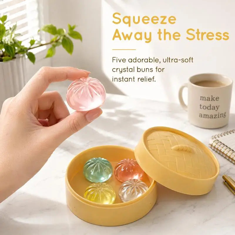 5-Piece Mini Dumpling Squishy Toys Set with Steamer Basket Squishy Fidget Toy Axl