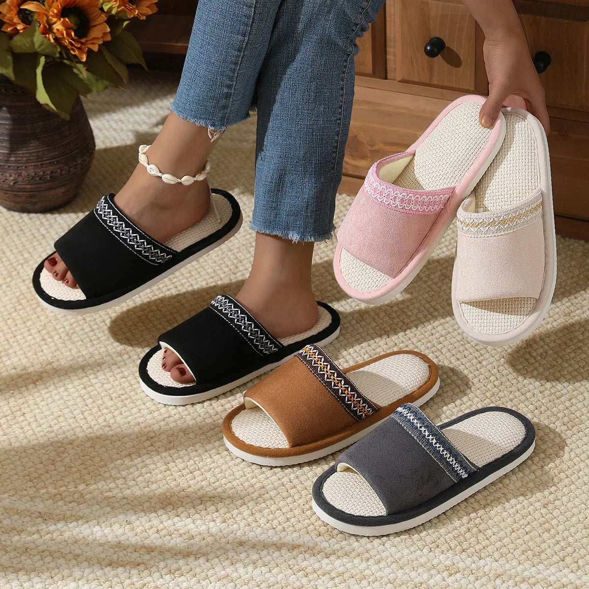 Women's Hemp Canvas Platform Slippers – Indoor Flat Slides Women's Indoor Slippers Axl
