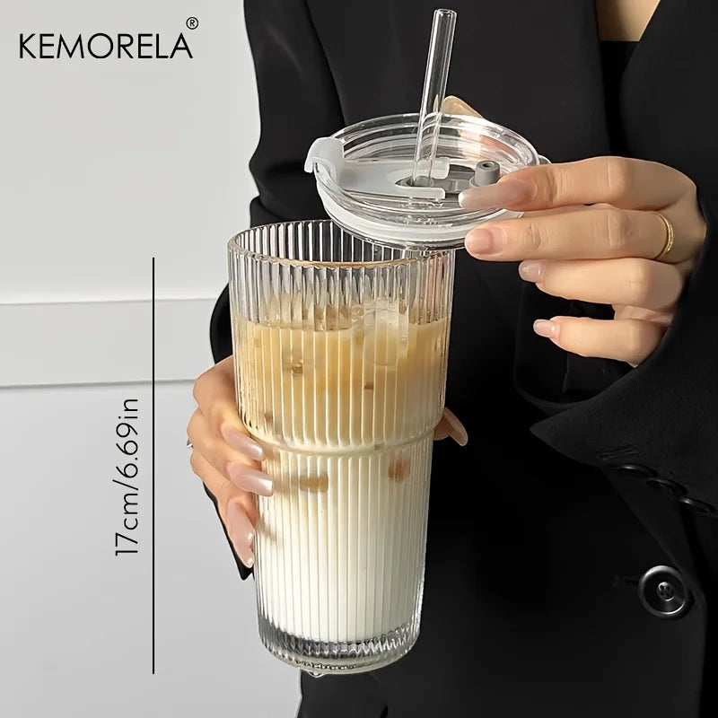 KEMORELA 600ml Striped Glass Cup with Lid & Straw | Iced Drinks Glass Drinking Cup Axl