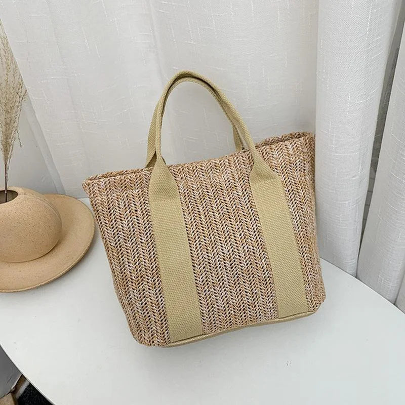 Women's Bamboo Straw Tote Bag – Color Block Zipper Handbag Straw Tote Bag Axl khaki
