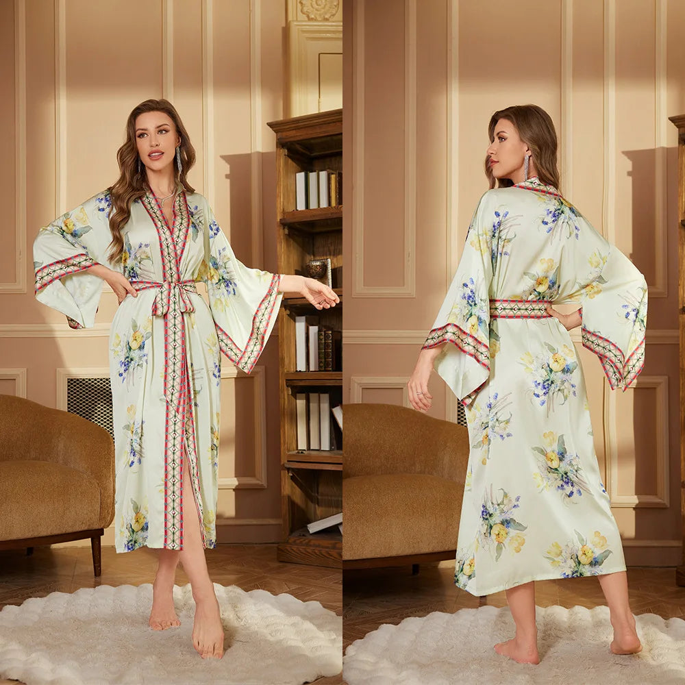 Women's Satin Floral Robe – Long Sleeve Lace-Up Bathrobe Satin Bathrobe Axl 3402-3 One Size