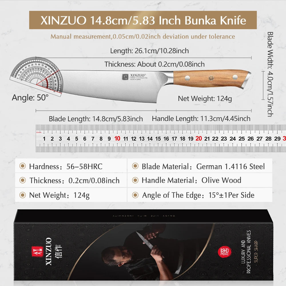 XINZUO Bunka Chef Knife 5.83" German Steel & Olive Wood Handle Bunka Chef Knife Axl