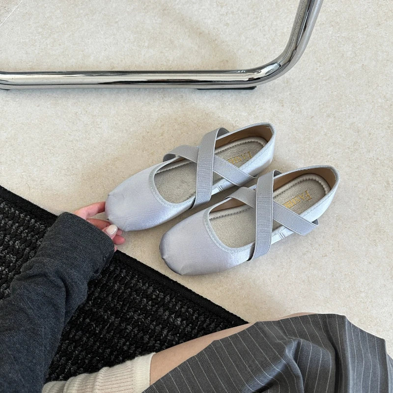 Women's Satin Cross Strap Ballet Flats – Elegant Slip-On Ballet Flat Shoes Axl Silver 36