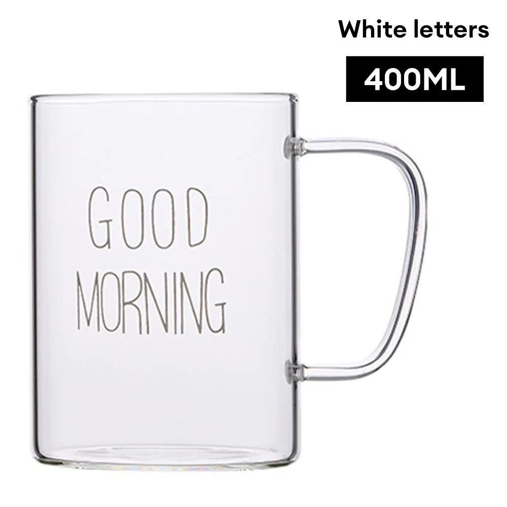 KEMORELA Good Morning Glass Mug – 400ml Transparent Breakfast Cup Glass Breakfast Mug Axl white letters 401-500ml