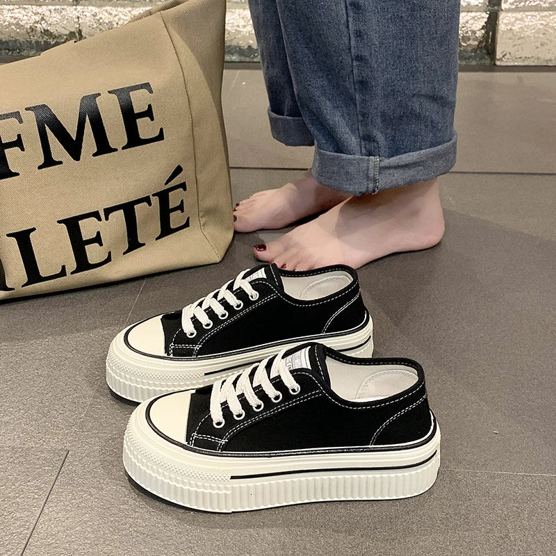 Women's Canvas Lace-Up Shoes – Casual Thick Heel Low-Top Flats Canvas Flat Shoes Axl black 36