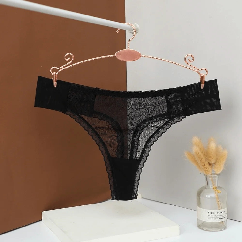 Women's Low Rise Lace Mesh Thong G-String Panties | S-L Lace Thong Panties Axl Black L 1pc