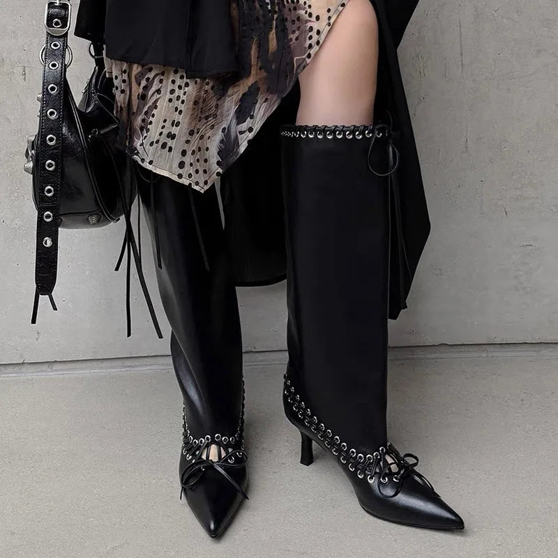 Women's Pointed Toe Square Heel Mid-Calf Boots | Strap Design Women's High Heel Boots Axl 42 black