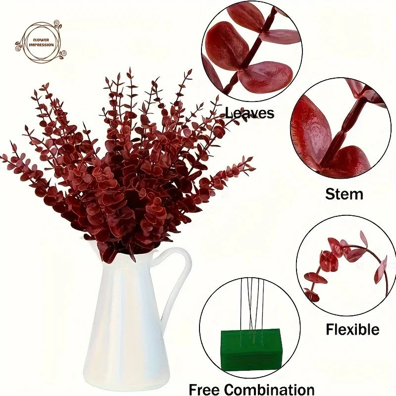 25 Pcs Wine Red Artificial Eucalyptus Branches – Faux Foliage Artificial Plant Stems Axl
