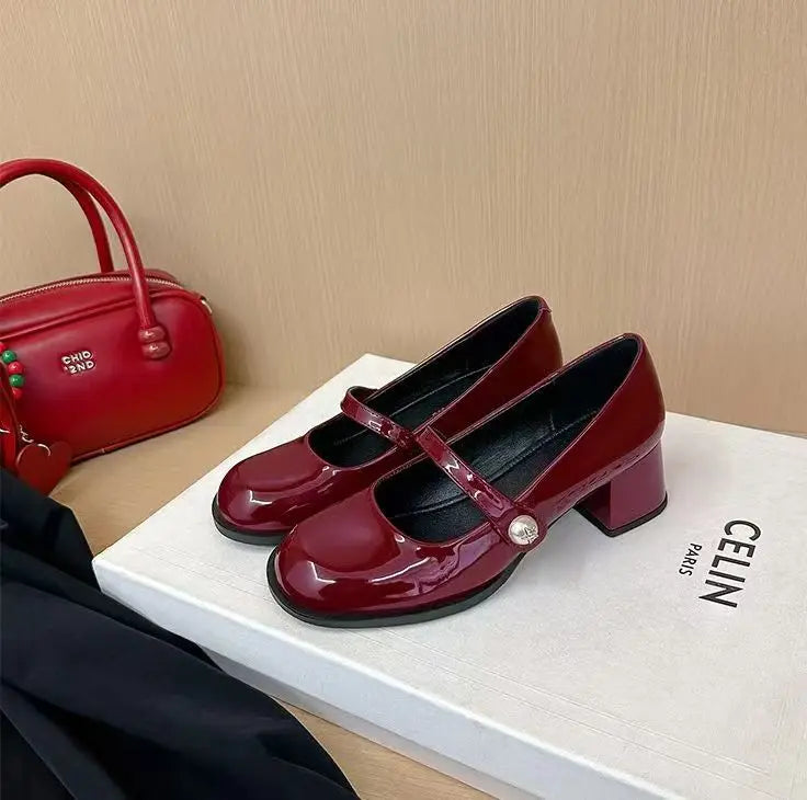 Women's Vintage Mary Jane Block Heel Pumps | Buckle Strap Block Heel Pumps Axl red 38