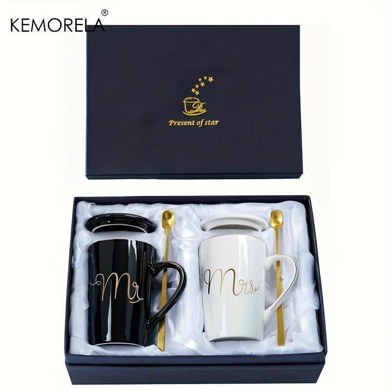 Golden Ceramic Coffee Mug Set with Lids & Spoons 400ml | 2-Pack Ceramic Mug Set Axl Couple Cup 400ml