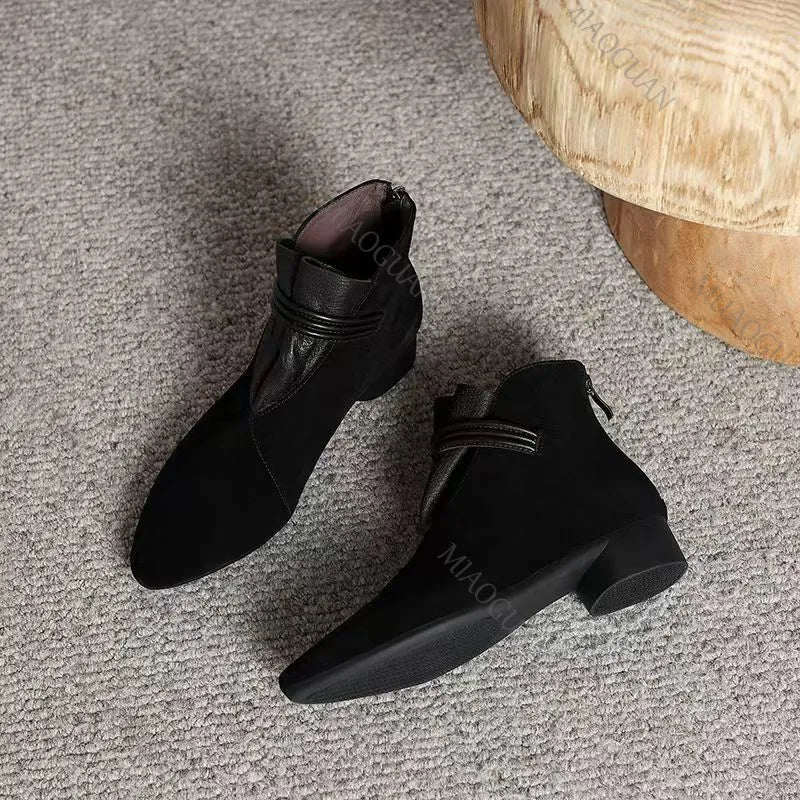 Women's Suede Ankle Boots | Pointed Toe Double Buckle Side Zip Women's Ankle Boots Axl