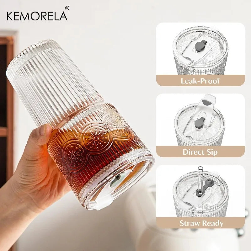 Ribbed & Floral Glass Cup with Lid & Straw 590ml | 1 or 2 Pack Glass Tumbler Set Axl