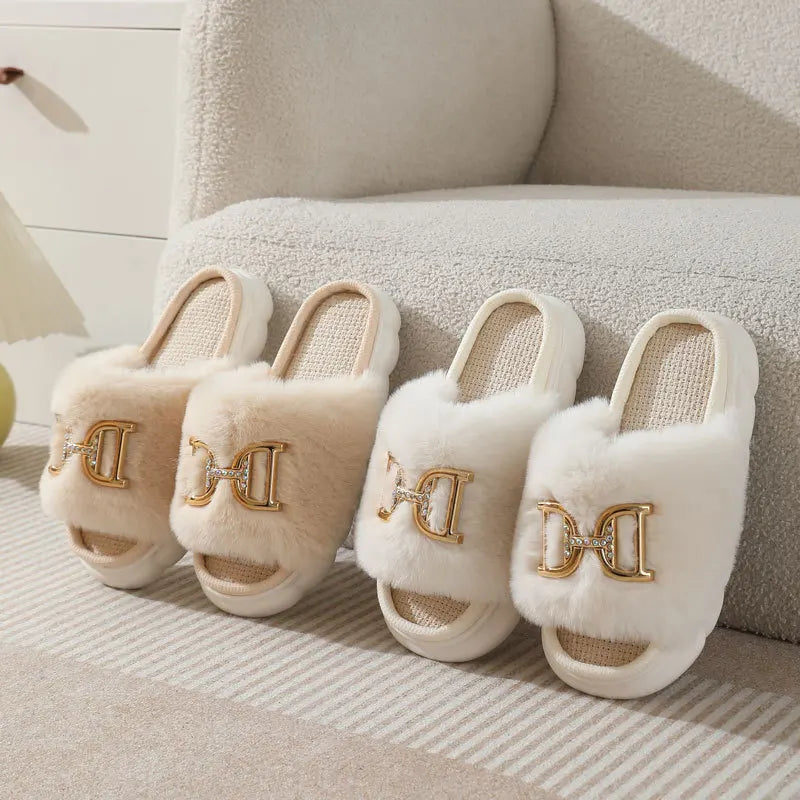 Women's Fluffy Fur Slides Buckle Decor Faux Fur Slippers Fluffy Fur Slides Axl