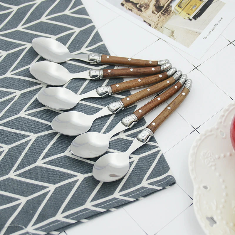 Laguiole Stainless Steel Teaspoon Set Wood Handle | 6–12 Pcs Teaspoon Cutlery Set Axl