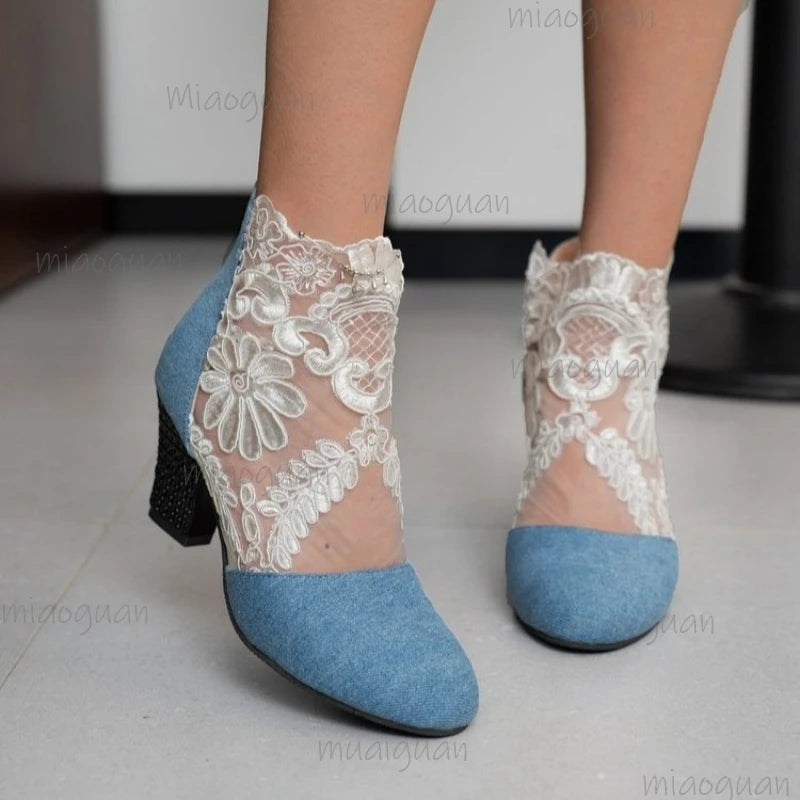 Women's Lace Heeled Gladiator Sandals | Square Heel Booties Heeled Gladiator Sandals Axl