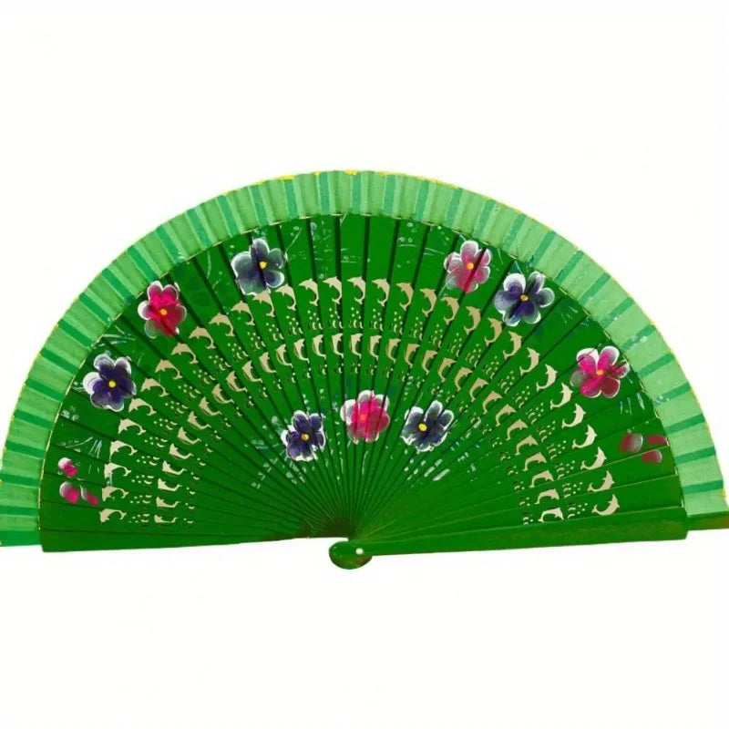 Wooden Spanish Folding Fan – Double-Sided Floral Dance & Decor Decorative Folding Fan Axl green