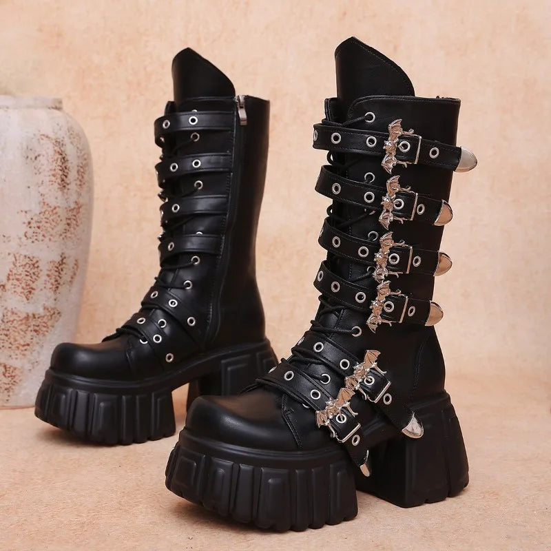 Women's Gothic Punk Mid-Calf Platform Boots | Square Heel Gothic Platform Boots Axl