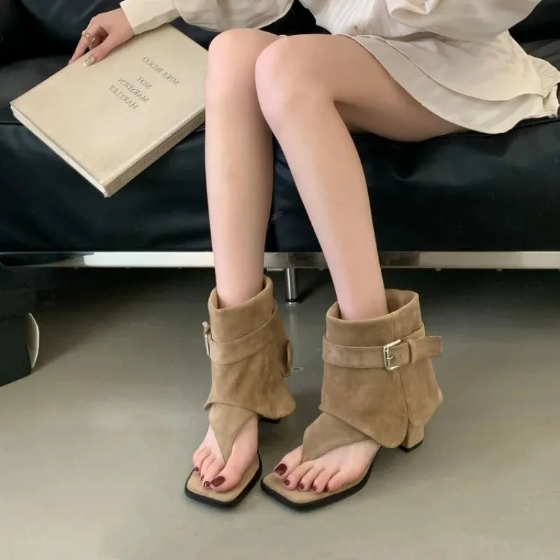 Women's Clip Toe Ankle Boot Sandals | Square Heel Buckle Strap Ankle Boot Sandals Axl