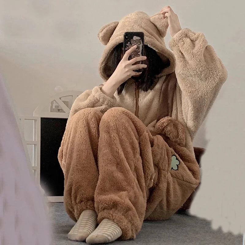 Flannel Animal Onesie Pajamas – Unisex Hooded Bear Sleepwear Animal Onesie Pajamas Axl