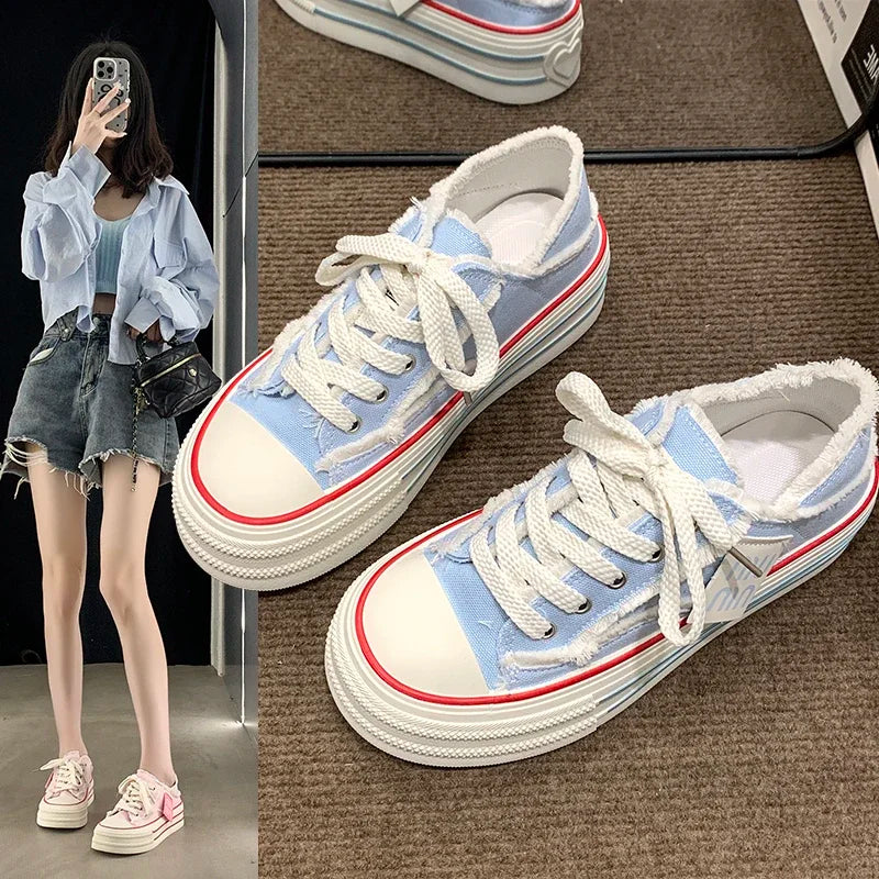 Women's Platform Canvas Sneakers – Casual Lace-Up Half Slipper Platform Canvas Sneakers Axl