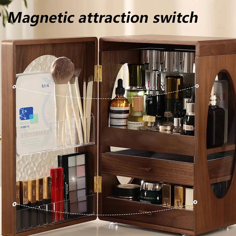 Walnut Wood Drawer Makeup Organizer – Large Cosmetic Storage Makeup Organizer Axl