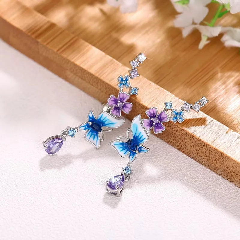 Huitan Butterfly Flower Drop Earrings | Colorful CZ Women's Jewelry Drop Earrings Axl E3450