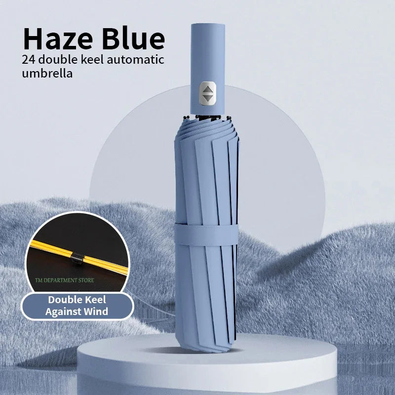 Windproof Auto 3-Fold Umbrella – 24 Rib Double Canopy UPF UV Travel Umbrella Axl 24 Ribs haze blue 24K Iron