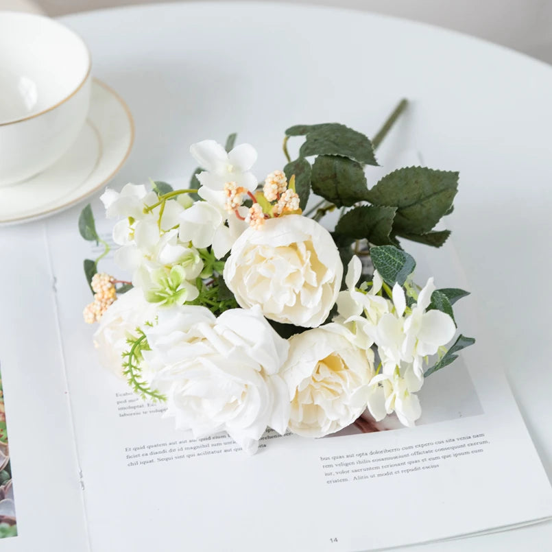 Silk Artificial Hydrangea & Rose Bouquet | Wedding & Home Decor Artificial Flower Bouquet Axl WHITE 1 pc