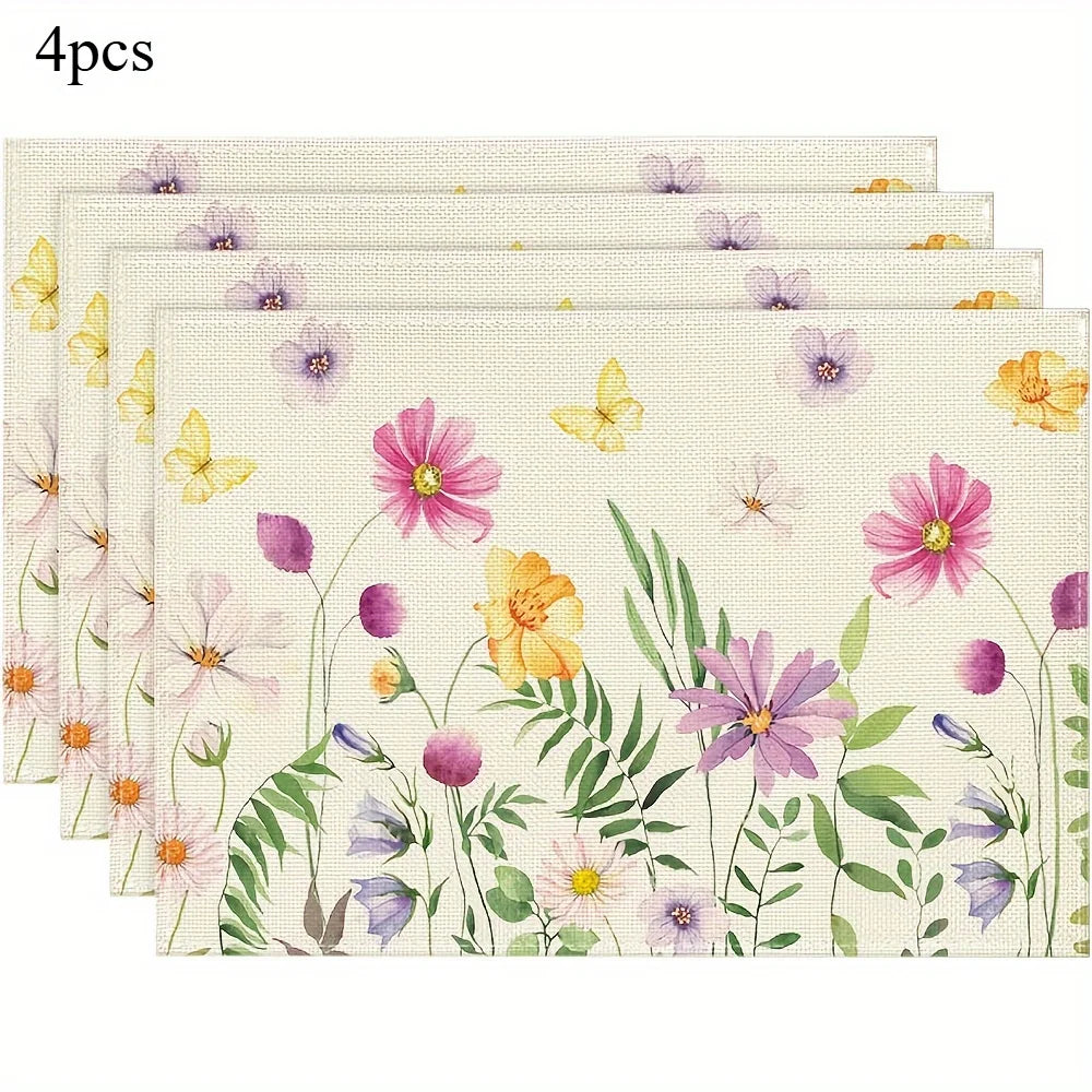 4-Pack Watercolor Wildflower Linen Placemats | Floral & Butterfly Linen Placemats Axl 4pcs 30x45cm