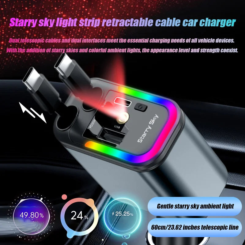 4-in-1 180W Fast Car Charger with 2 Retractable Cables Car Phone Charger Axl