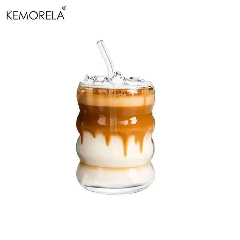 KEMORELA 380ml Ripple Vintage Glass Cups with Straws | Borosilicate Glass Drinkware Set Axl 1PCS 350ML