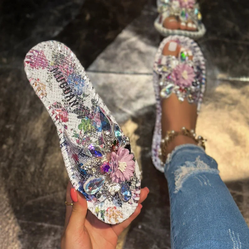 UXST Women's Crystal Flower Open-Toe Flat Sandals | Summer Women's Flat Sandals Axl
