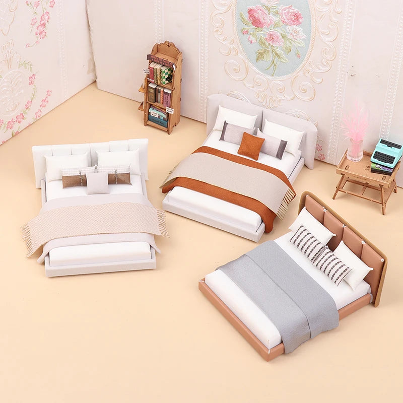 Dollhouse Miniature Cream Double Bed | 1:20 Scale Furniture Model Dollhouse Furniture Axl