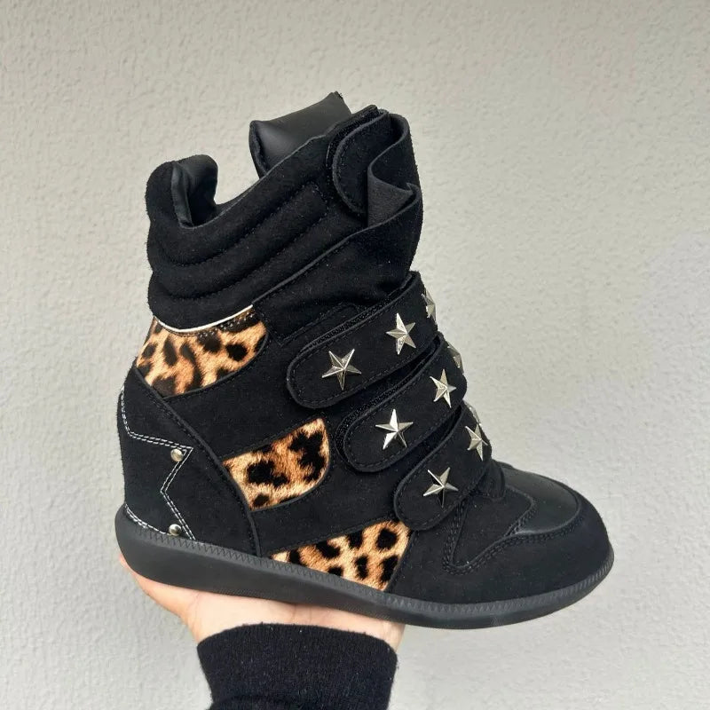 Women's Genuine Leather Leopard Ankle Boots | Wedge Platform Wedge Ankle Boots Axl