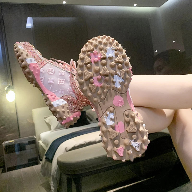 Women's Rhinestone Sneakers – Thick Sole Lace-Up Walking Shoes Women's Sneakers Axl