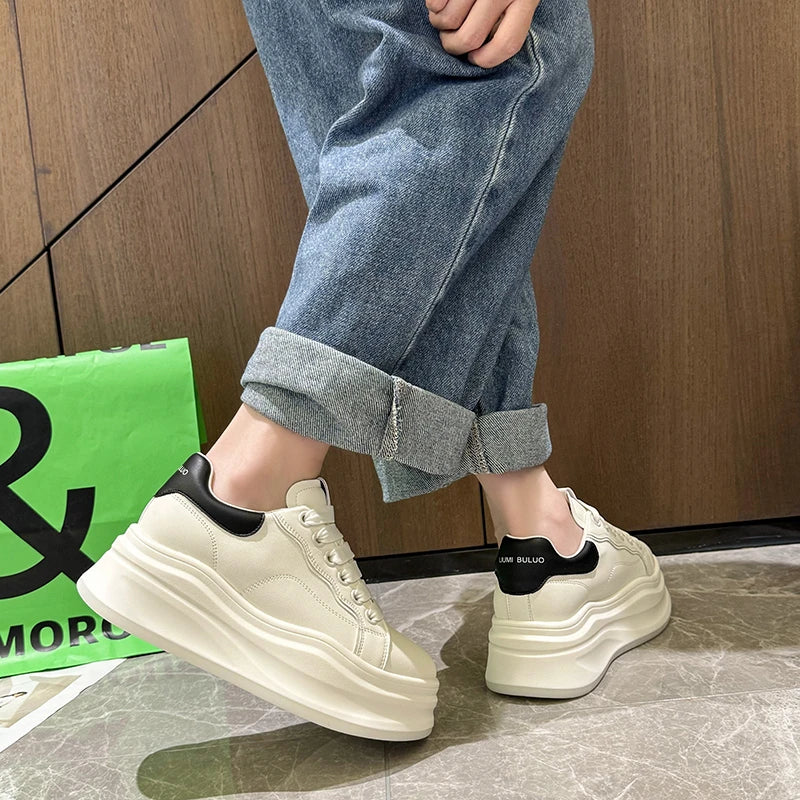 Women's White Platform Sneakers – PU Leather Lace-Up Flats Platform Sneakers Axl