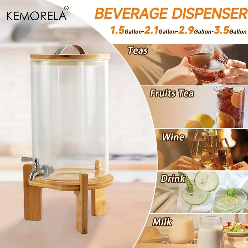 5L Glass Beverage Dispenser with Wood Stand & Spigot | KEMORELA Beverage Dispenser Axl