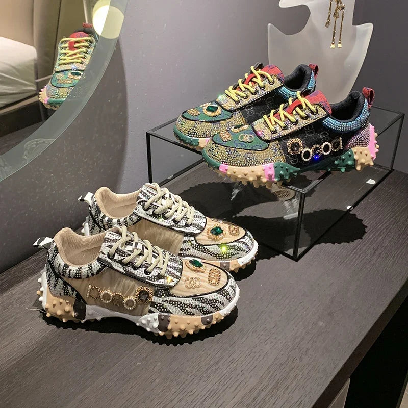 Women's Rhinestone Platform Sneakers – Glam Thick Sole Shoes Platform Sneakers Axl