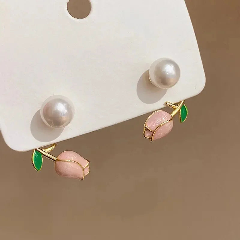 Huitan Pink Rose Stud Earrings with Imitation Pearl | Women Stud Earrings Axl