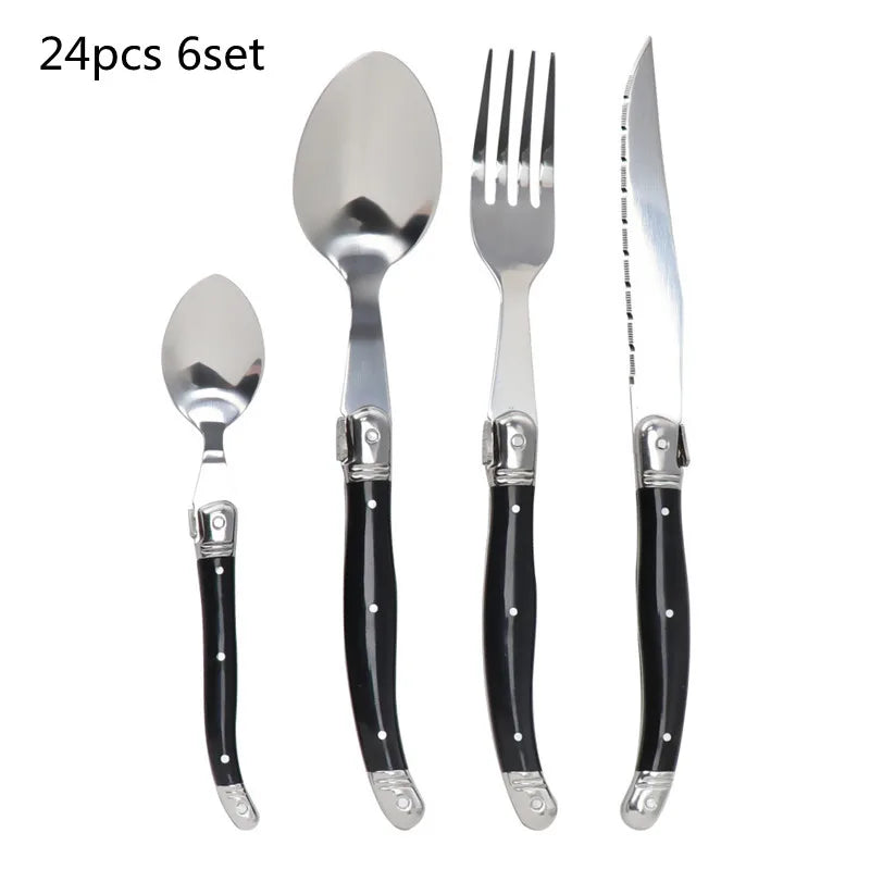 Laguiole Black Stainless Steel Cutlery Set – Fork Knife Spoon 2–10pc Flatware Cutlery Set Axl 24pcs 6set