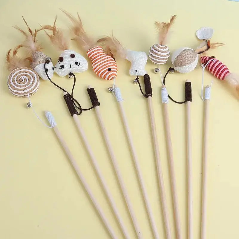 Mouse Shape Wooden Cat Teaser Wand with Feather & Bell Cat Teaser Wand Axl