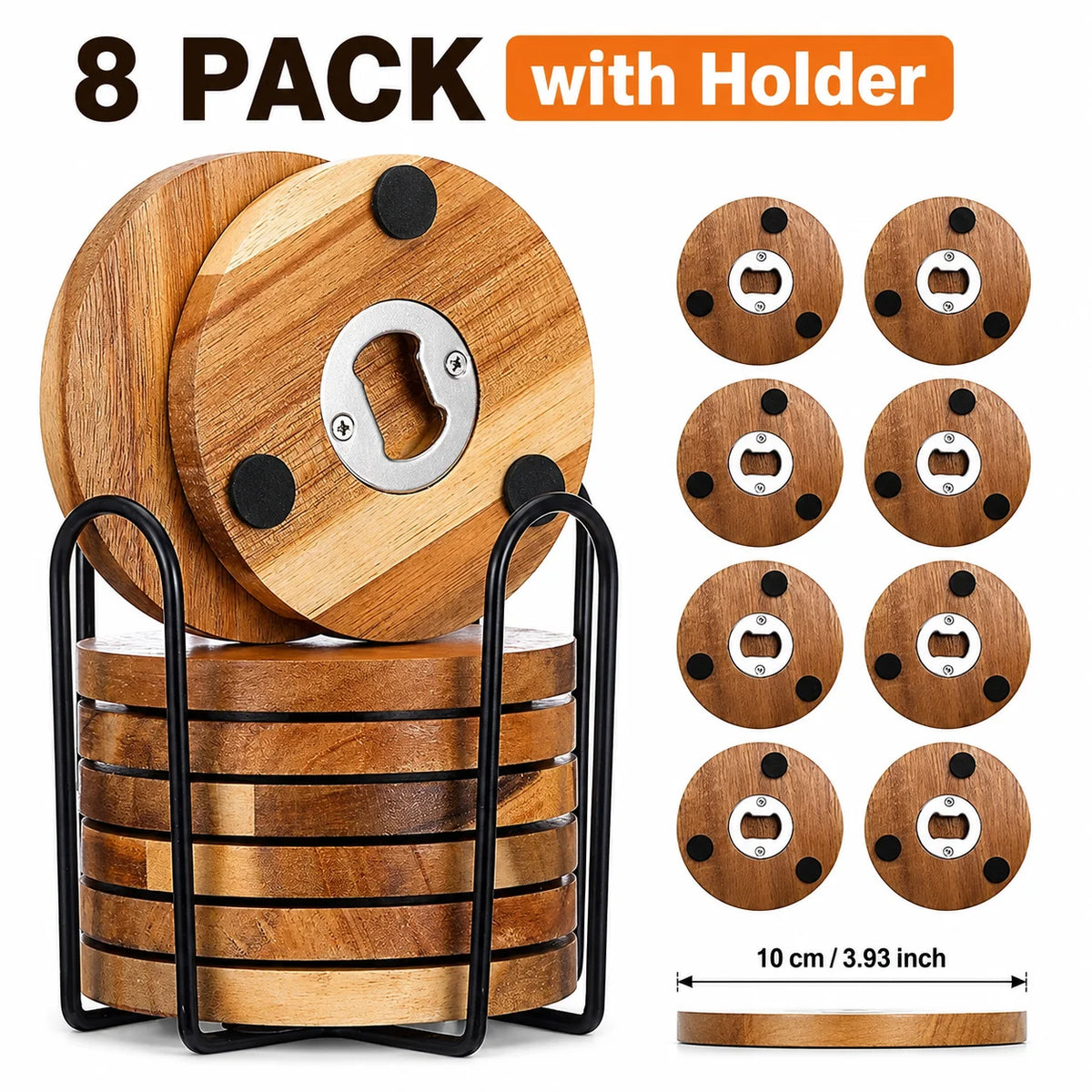 Wooden Coaster with Bottle Opener 2-in-1 | 6 or 8 Pack Bar Coaster Set Axl 8 Pack with Holder