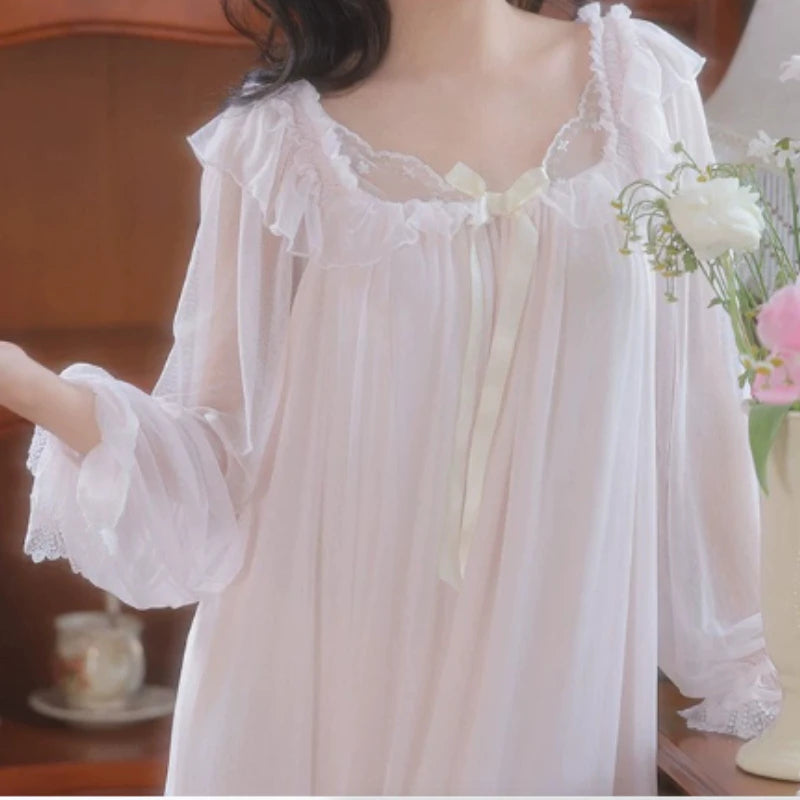 Women's Lace Mesh Nightgown – Bow Long-Sleeve Nightdress Women's Nightgown Axl Pink XL