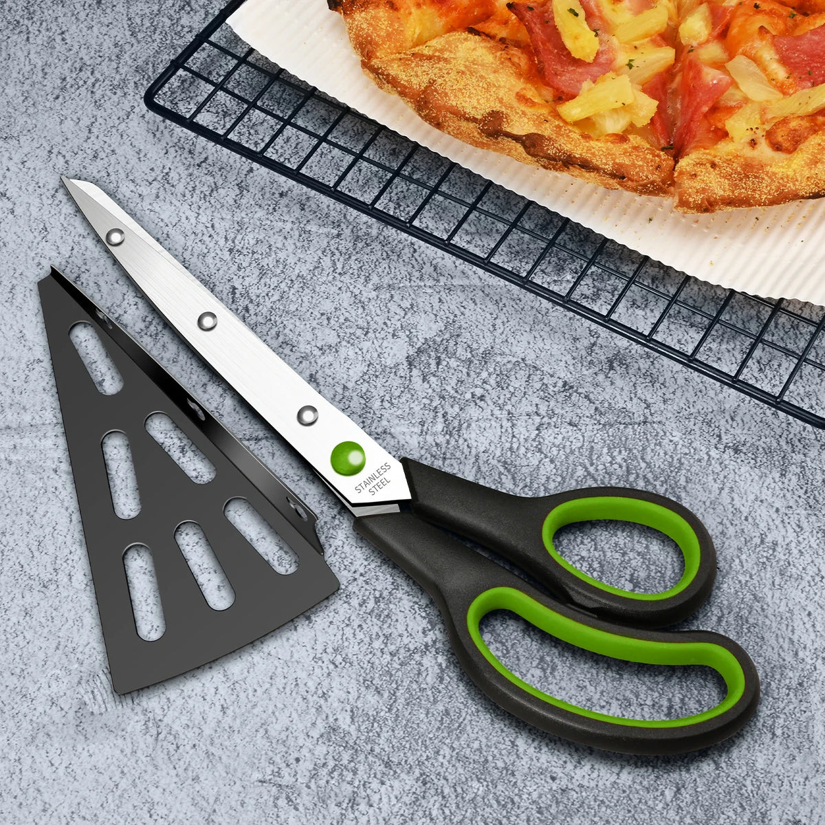 2-in-1 Pizza Scissors & Spatula – Stainless Steel Cutter Pizza Scissors Tool Axl Style B